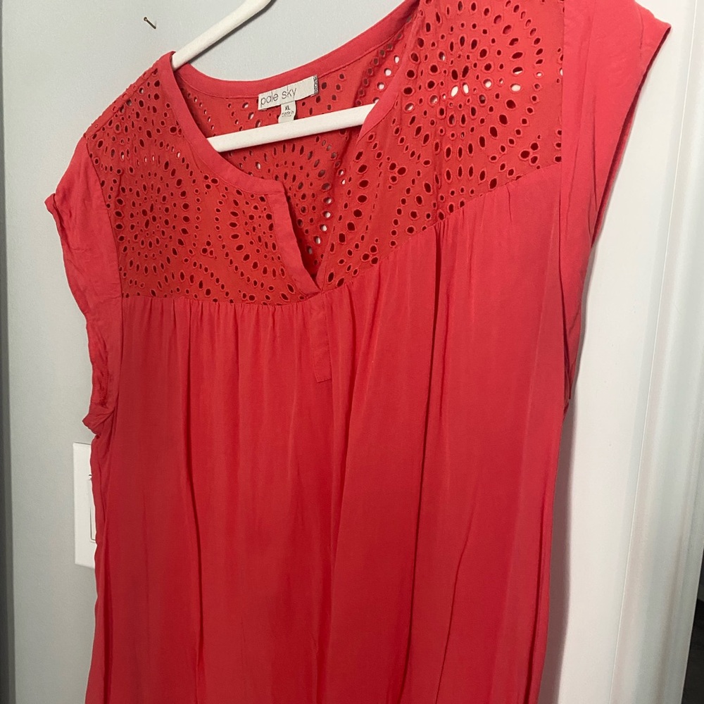 Polly Sky Women's Coral Blouse with Eyelet Detail